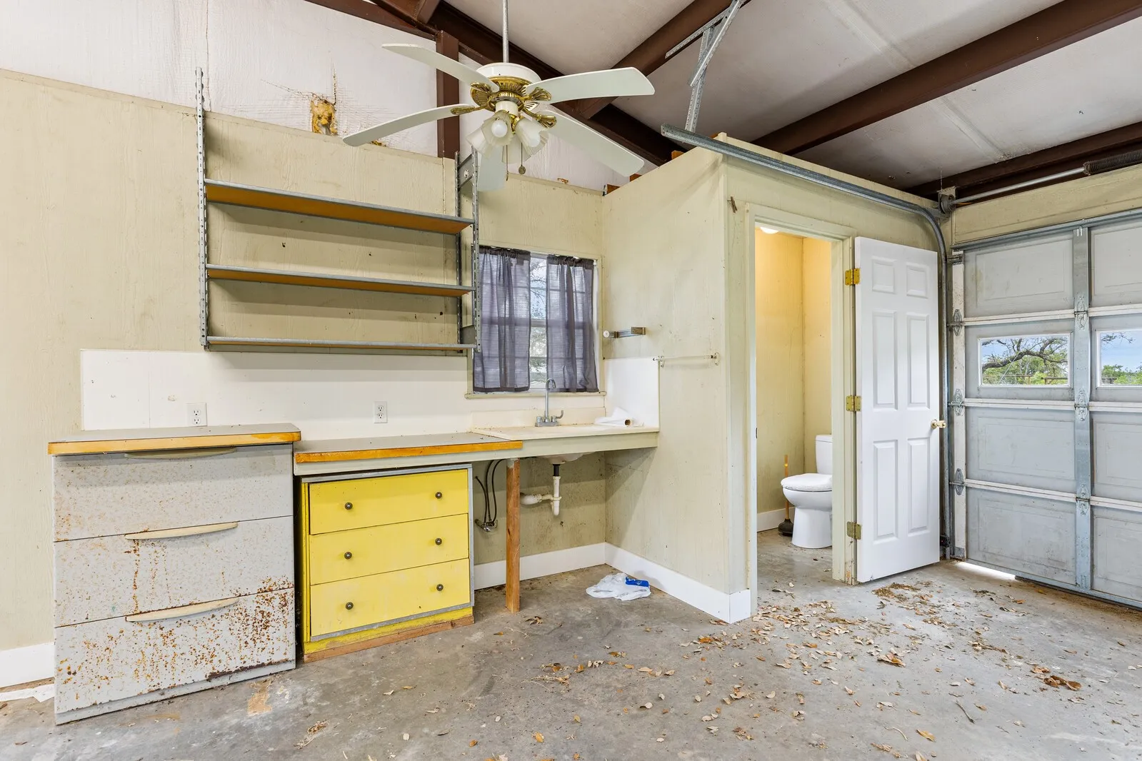 Work table and half bath in attached garage