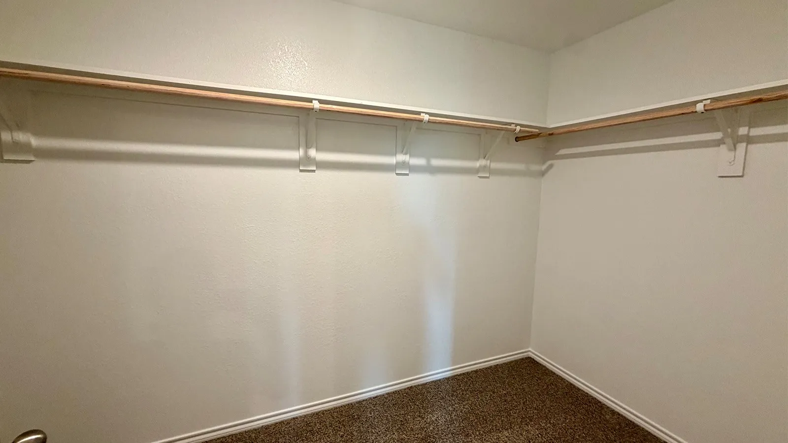 Corner closet with light brown carpet, white walls, and built-in wood-finish shelving and hanging rods