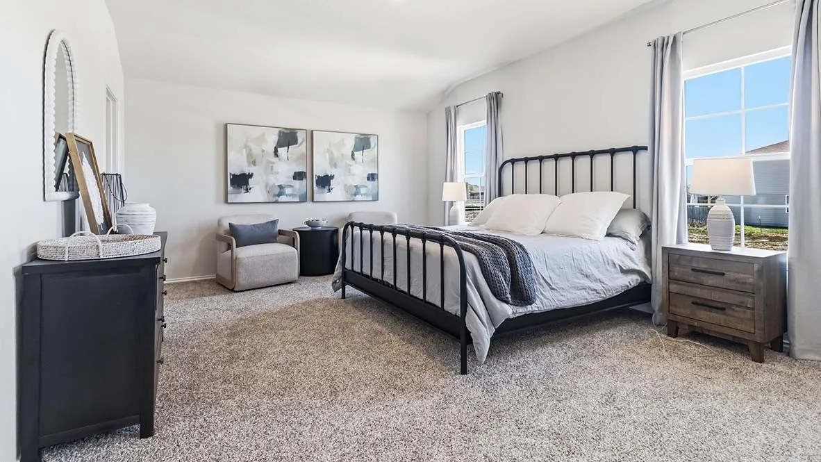 Spacious room featuring broad windows, light gray wall paint, and soft carpet flooring