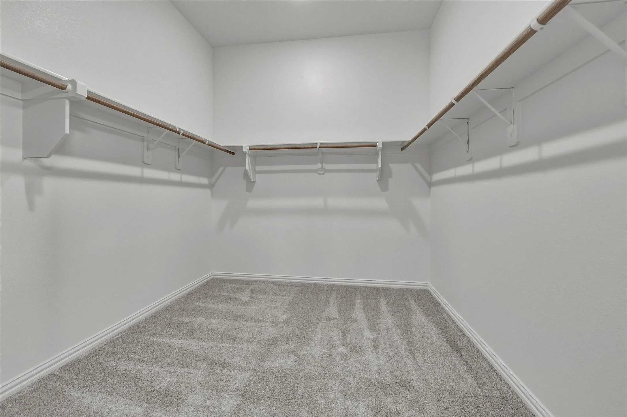 Expansive walk-in closet featuring light gray carpeting and white walls