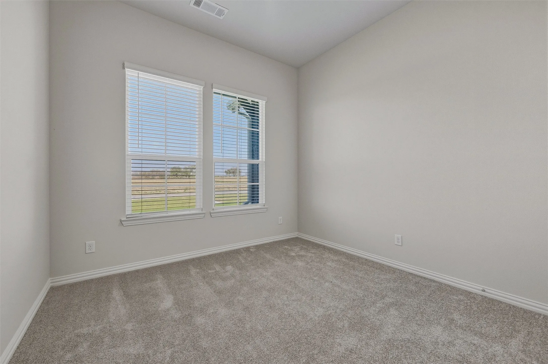 Neutral wall paint, carpet flooring, two windows with blinds, and white trim molding