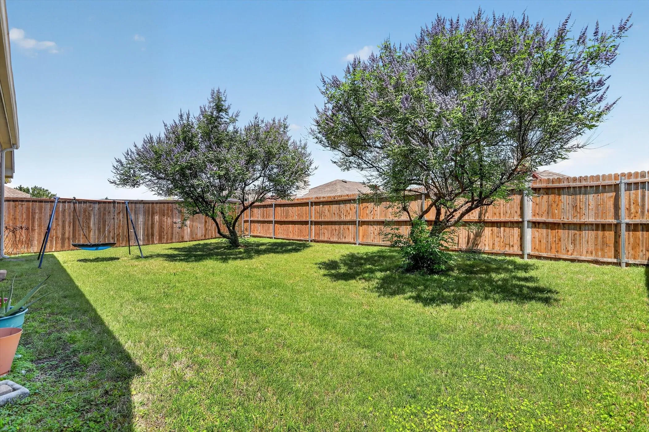 Spacious backyard featuring a lush green lawn, full privacy fencing, and two mature trees with purple blooms