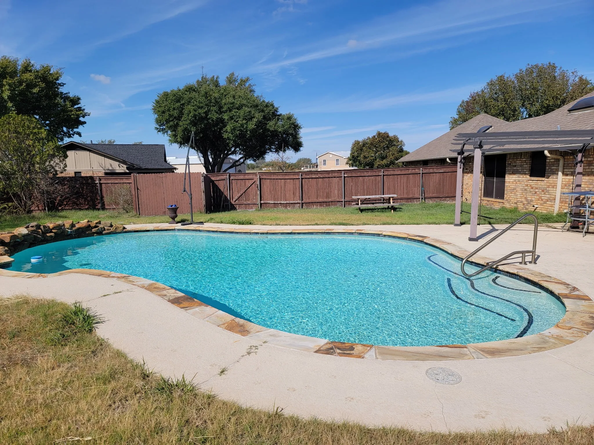 View of swimming pool with patio surround, a fenced backyard, and a pergola