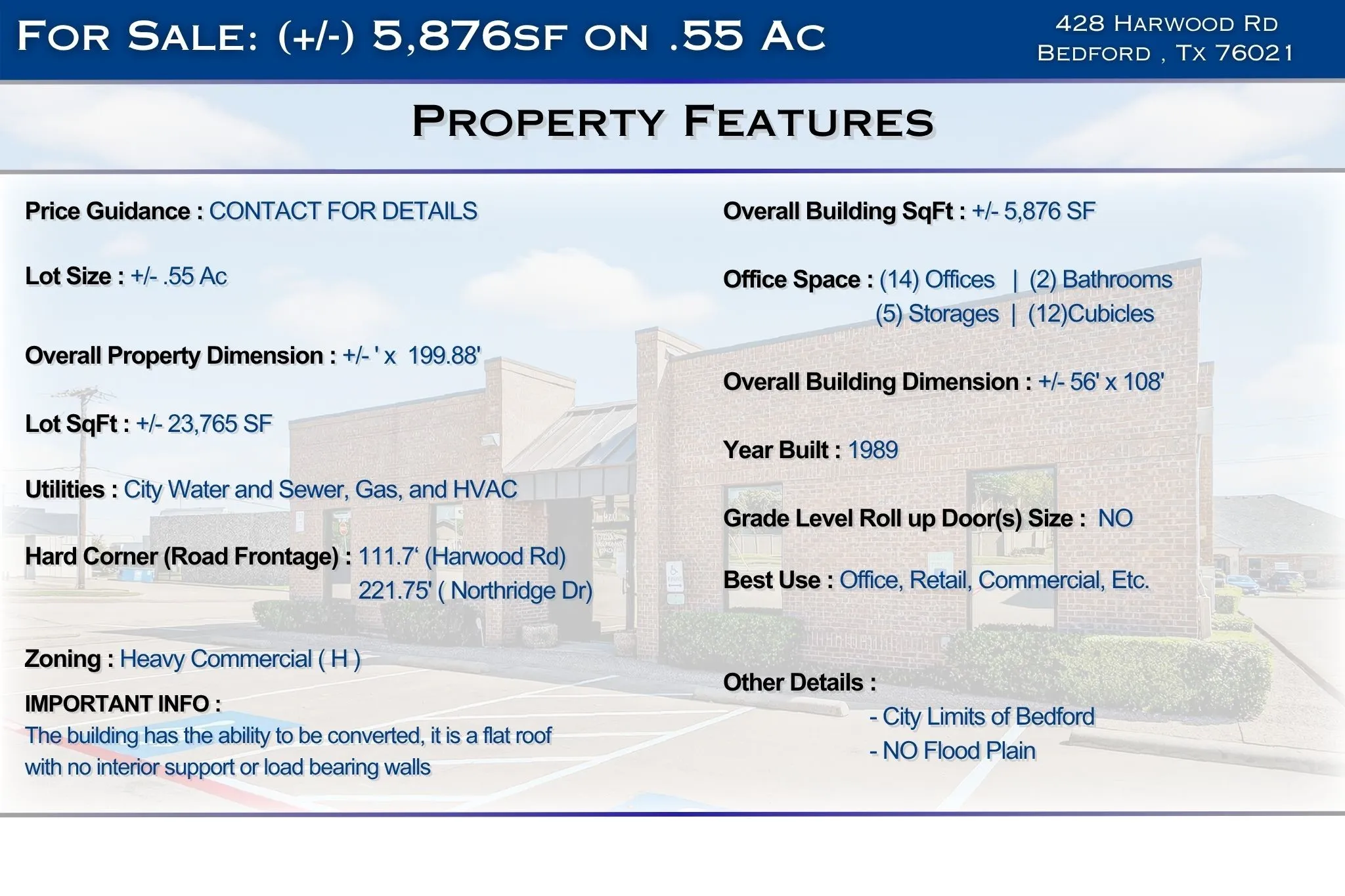 Office For Sale in Tarrant County , 428 Harwood Road, Bedford, Texas 76021, 0, 0, Garage spaces, 0 Sqft, built in 1984, Preowned, mls#21238890, Real Estate Agent in Bedford, Homes For Sale in Tarrant county, Homes For Sale in Bedford, Realtor in Bedford Texas, Real Estate Brokerage Independent Realty Texas, Luminita Cordes Realtor