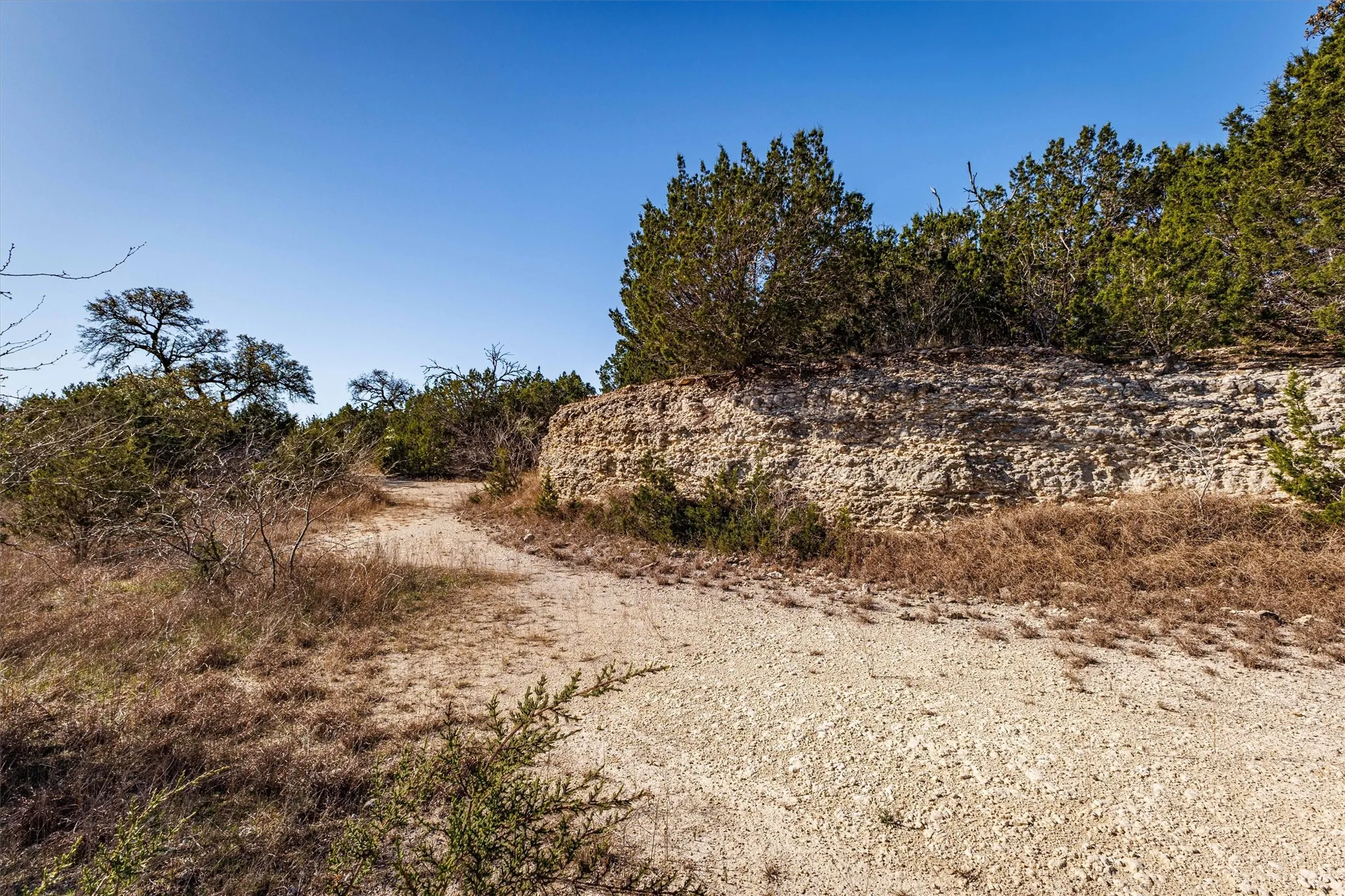 The property features a natural rock formation and a gravel path, surrounded by trees and shrubs