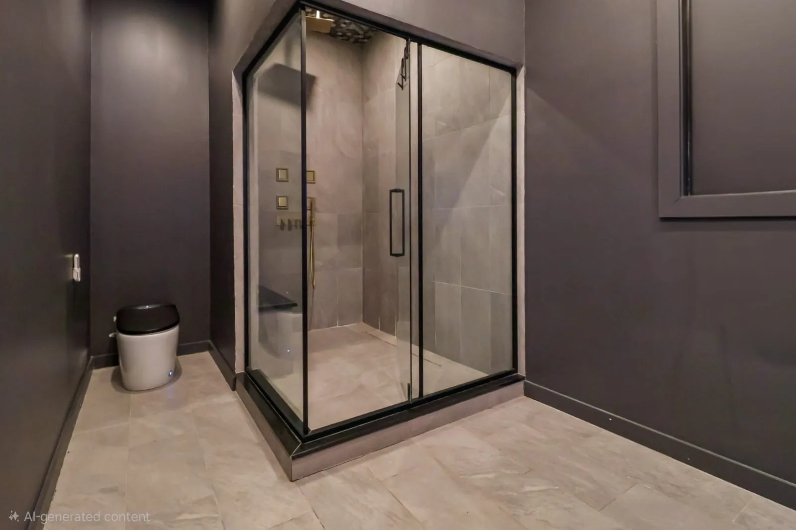 Full bath with a shower stall and baseboards