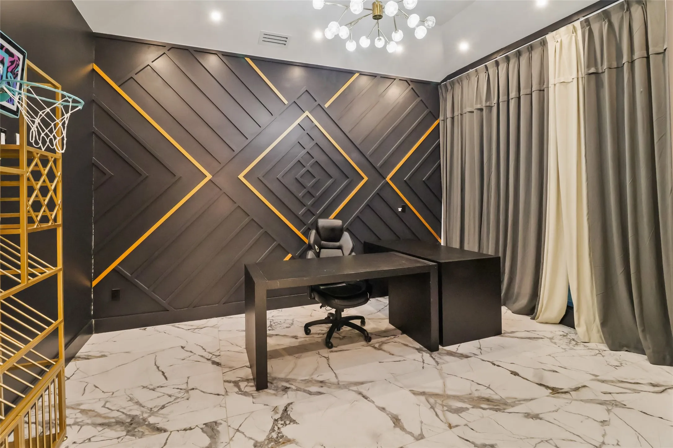 Office area with light marble finish flooring and a chandelier