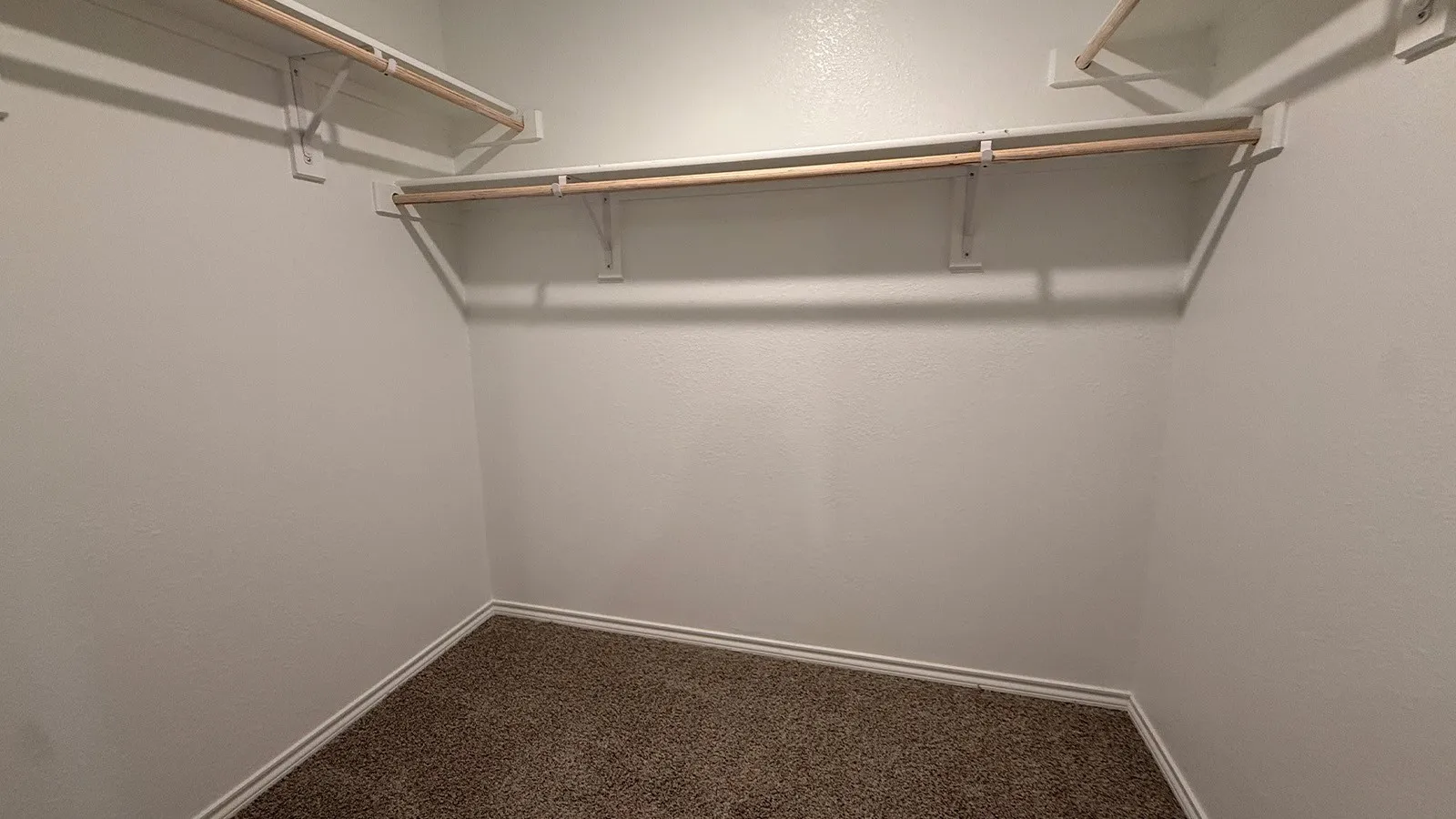 Walk-in closet featuring light-colored walls, brown carpet flooring, and white baseboards