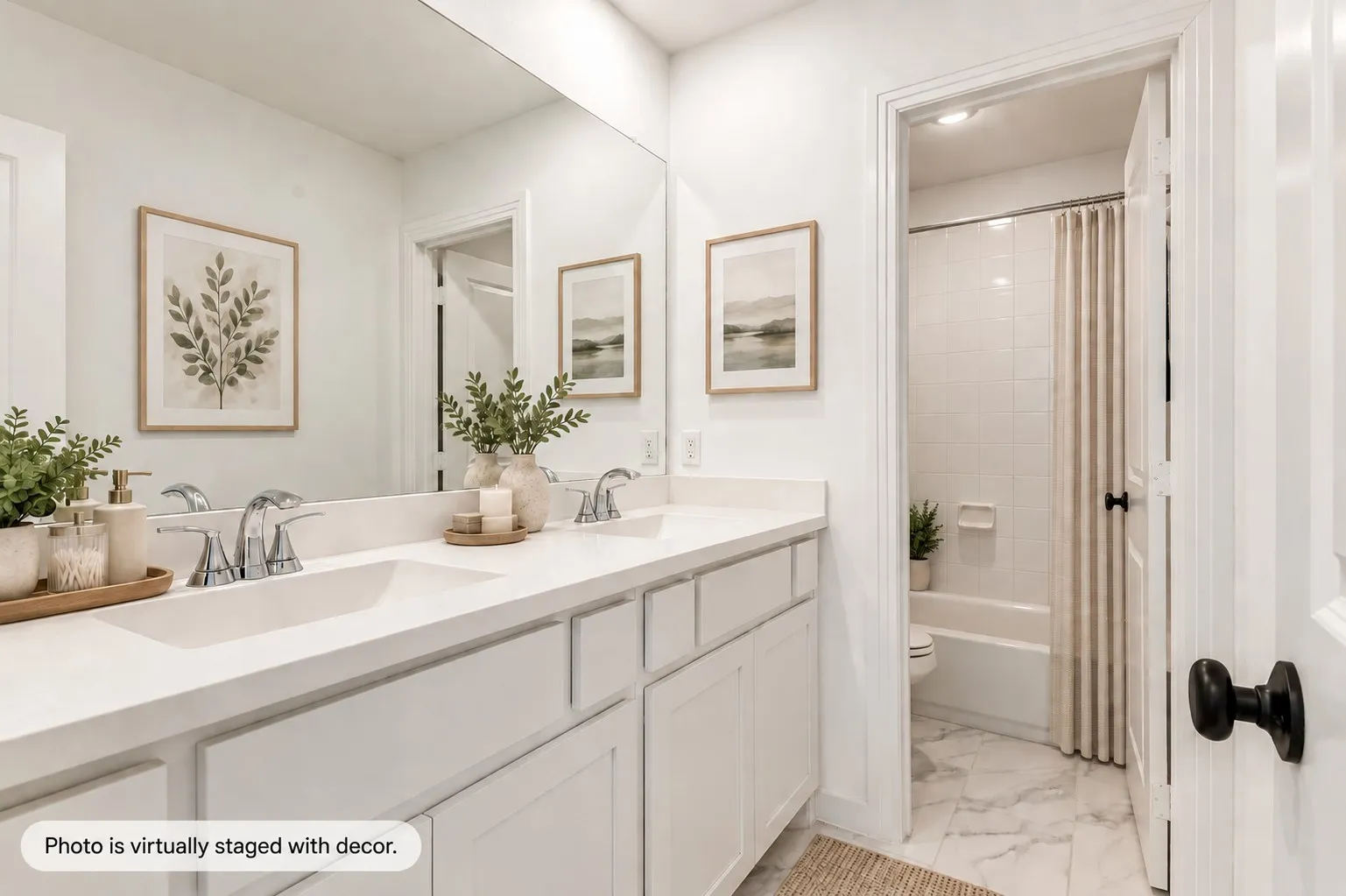 This Full Bath with Dual Sinks and Tub is Near the Upstairs Bedrooms and Entertaining Space.
