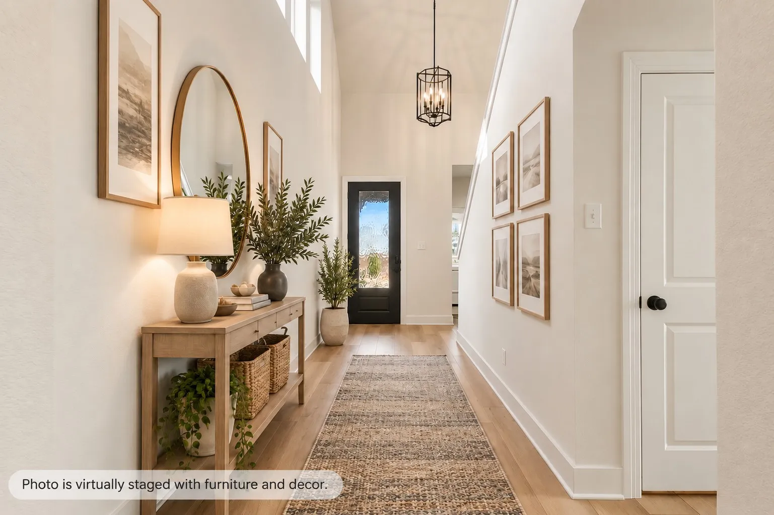 Statement Lighting and Modern Ceiling-Line Windows Elevate this Space.