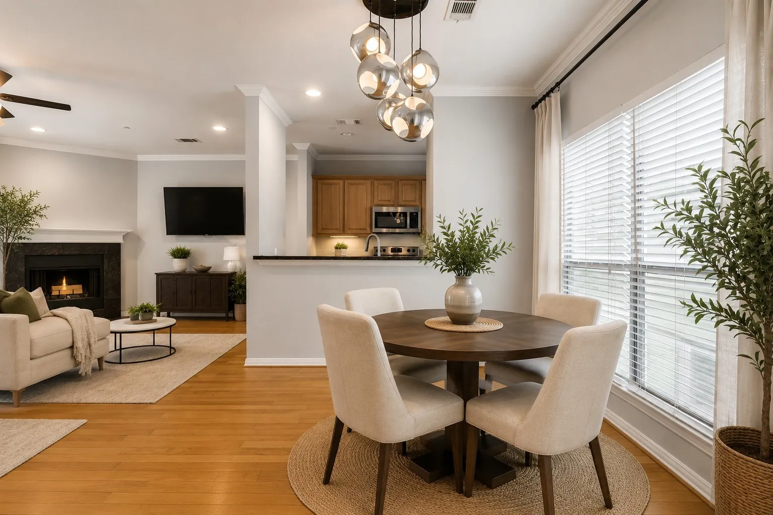 Dining area featuring a contemporary chandelier, wood-finish flooring, and crown molding