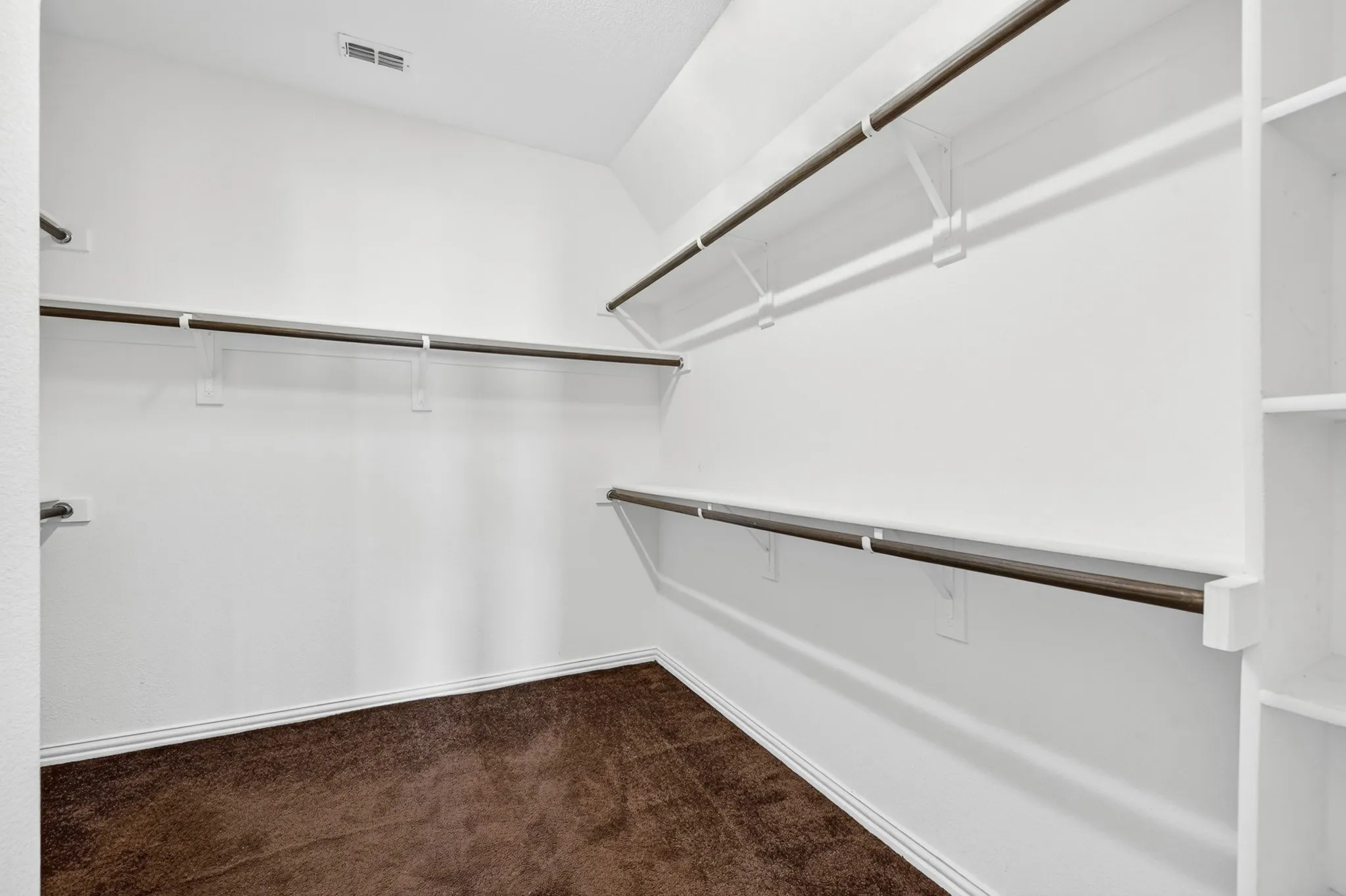 Spacious walk-in closet featuring white walls, brown carpet, and built-in shelving and hanging rods
