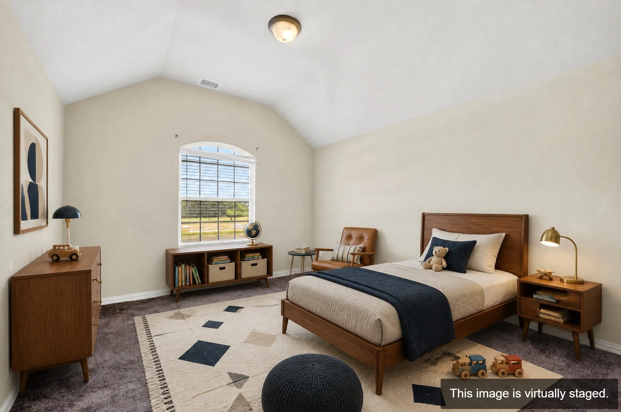 Vaulted ceiling room featuring an arched window, textured carpeting, and a flush-mount ceiling light fixture