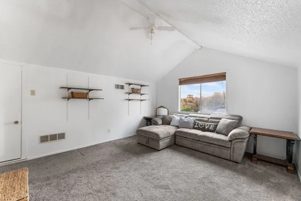 Carpeted living area with ceiling fan and a textured ceiling