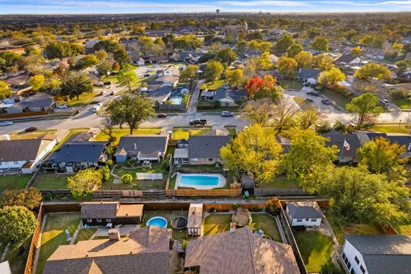 Aerial view of residential area with a pool area