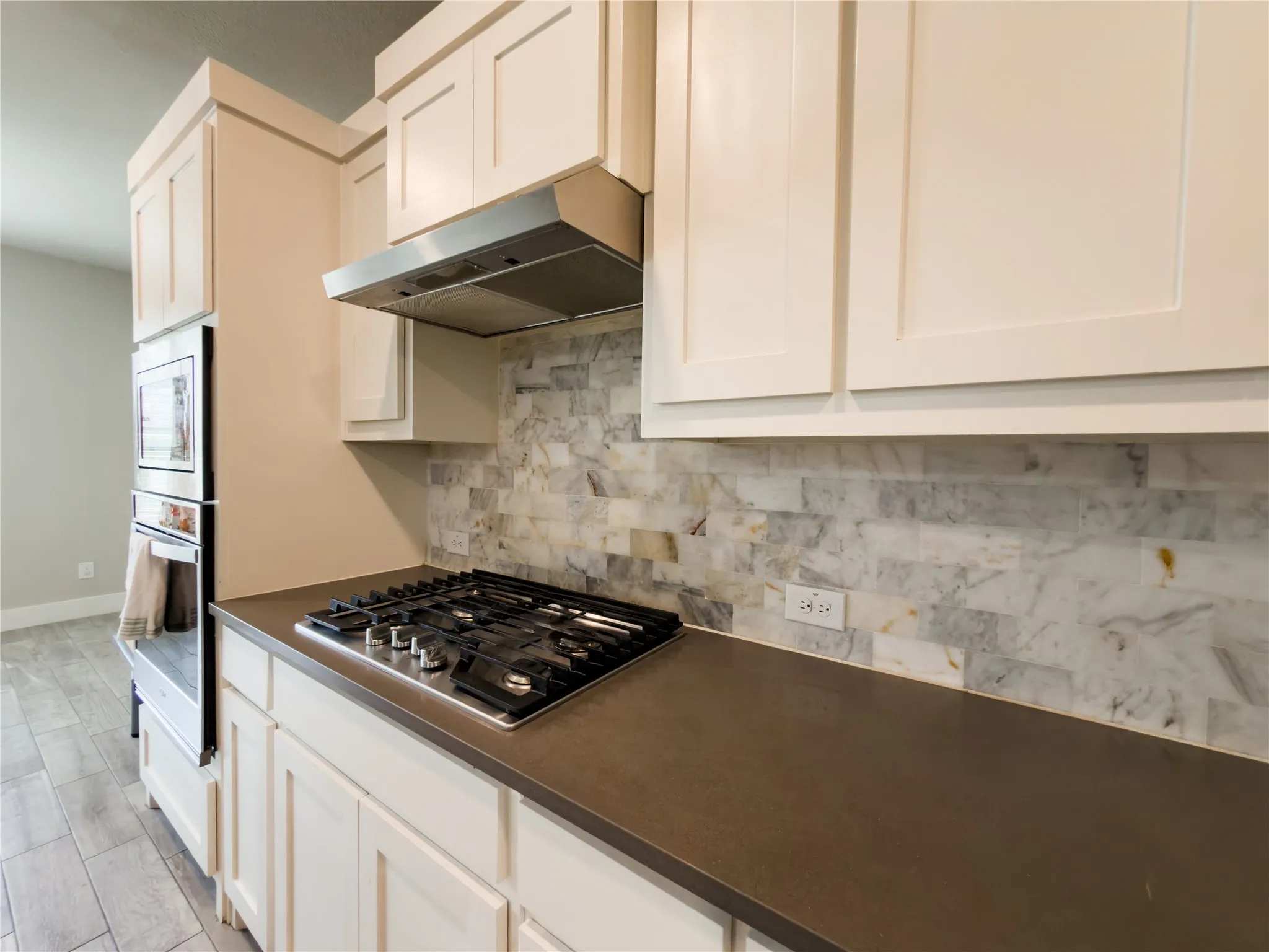 Kitchen featuring dark countertops, stainless steel appliances, wood finish floors, white cabinetry, and tasteful backsplash