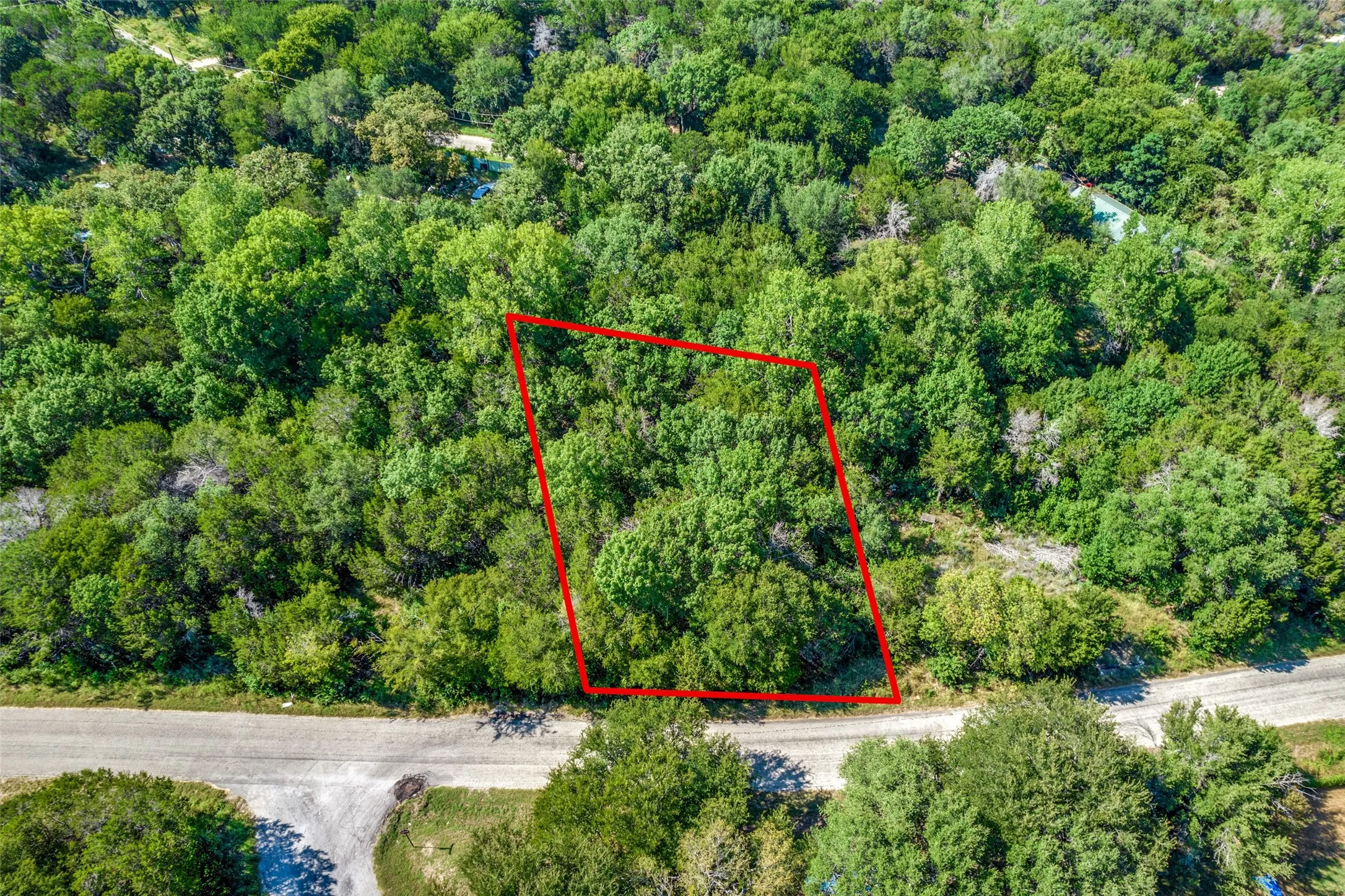 Aerial view of the property, characterized by extensive tree coverage and a visible road along one edge