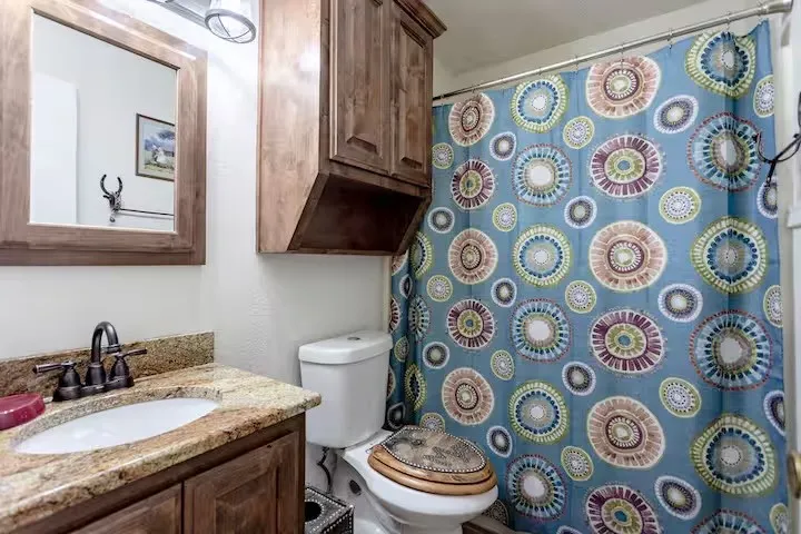 Bathroom with vanity and curtained shower