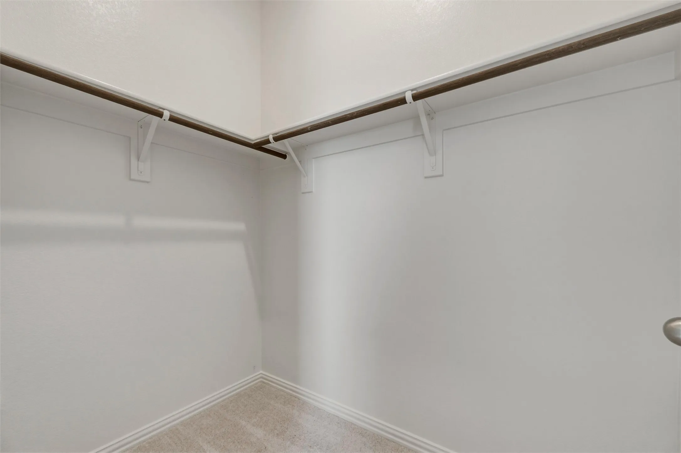 Walk-in closet featuring white painted walls and wood-finish hanging rods