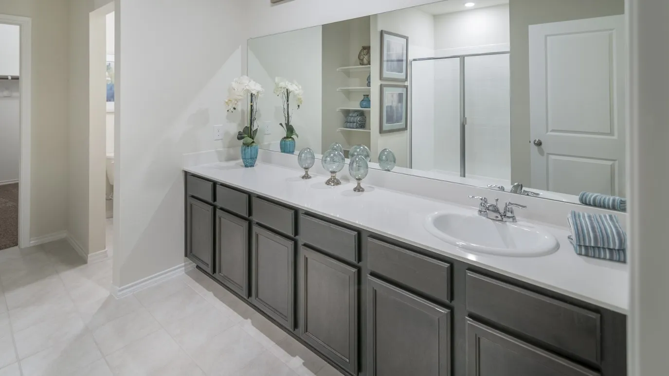 The bathroom features a spacious vanity with a white countertop, an undermount sink, and dark cabinetry