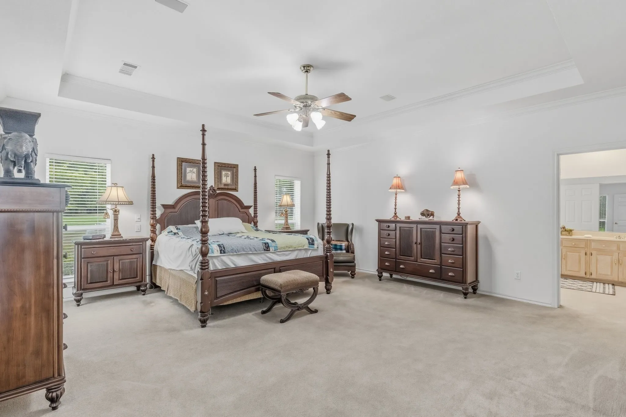 The property features a spacious room with a ceiling fan, tray ceiling, and light-colored carpet