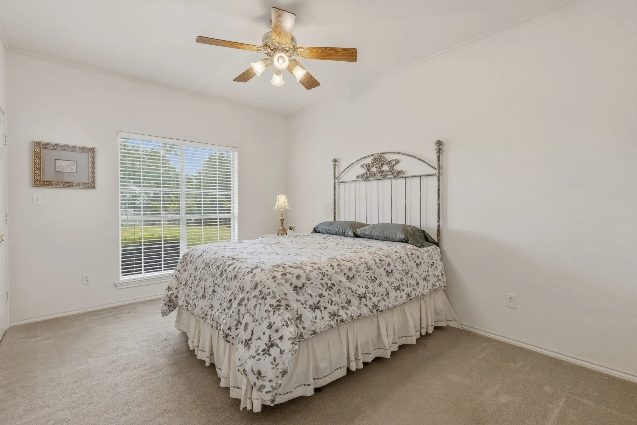 The property features a bright room with light-colored carpeting, a window offering views of greenery, and a ceiling fan with integrated lighting