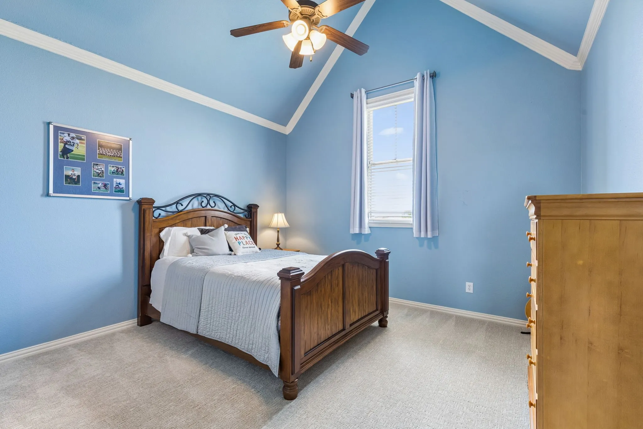 This room features a vaulted ceiling with a ceiling fan, a window with blinds and curtains, and carpeted flooring