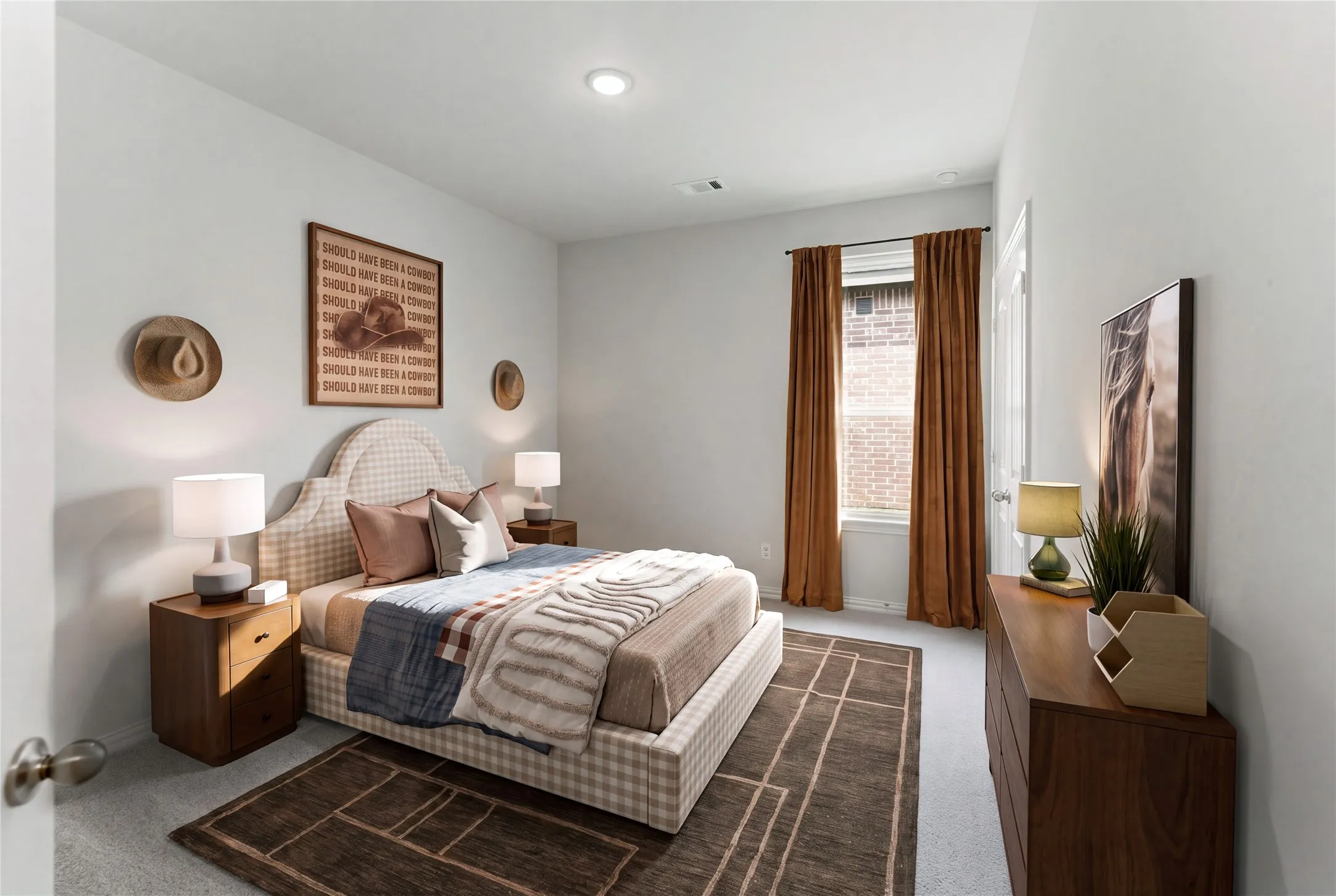 Recessed ceiling lighting, a single window with brown drapes, a white door, and light gray walls