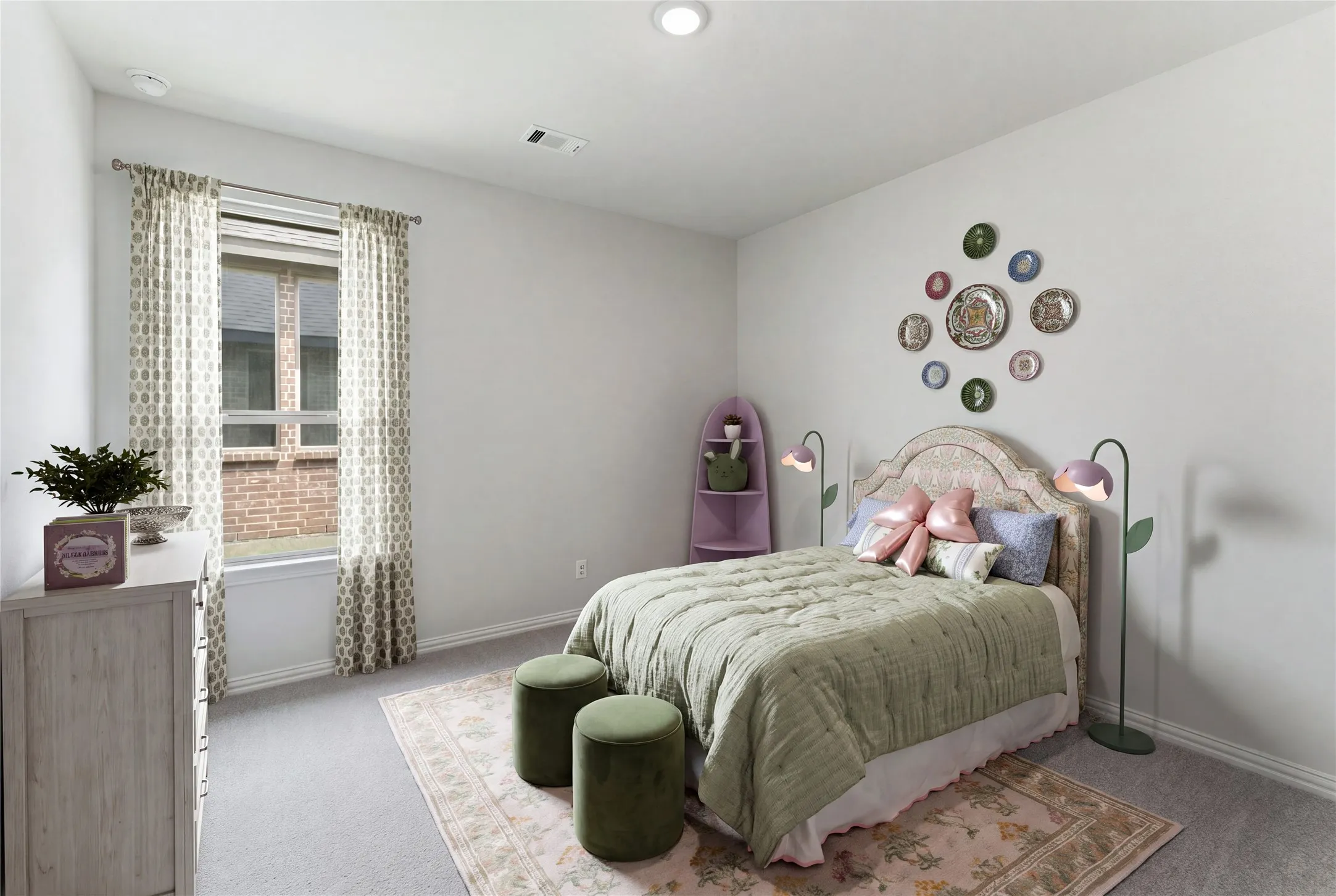 Light gray carpeting throughout, white painted walls, window with blinds and drapes, and a built-in recessed ceiling light fixture