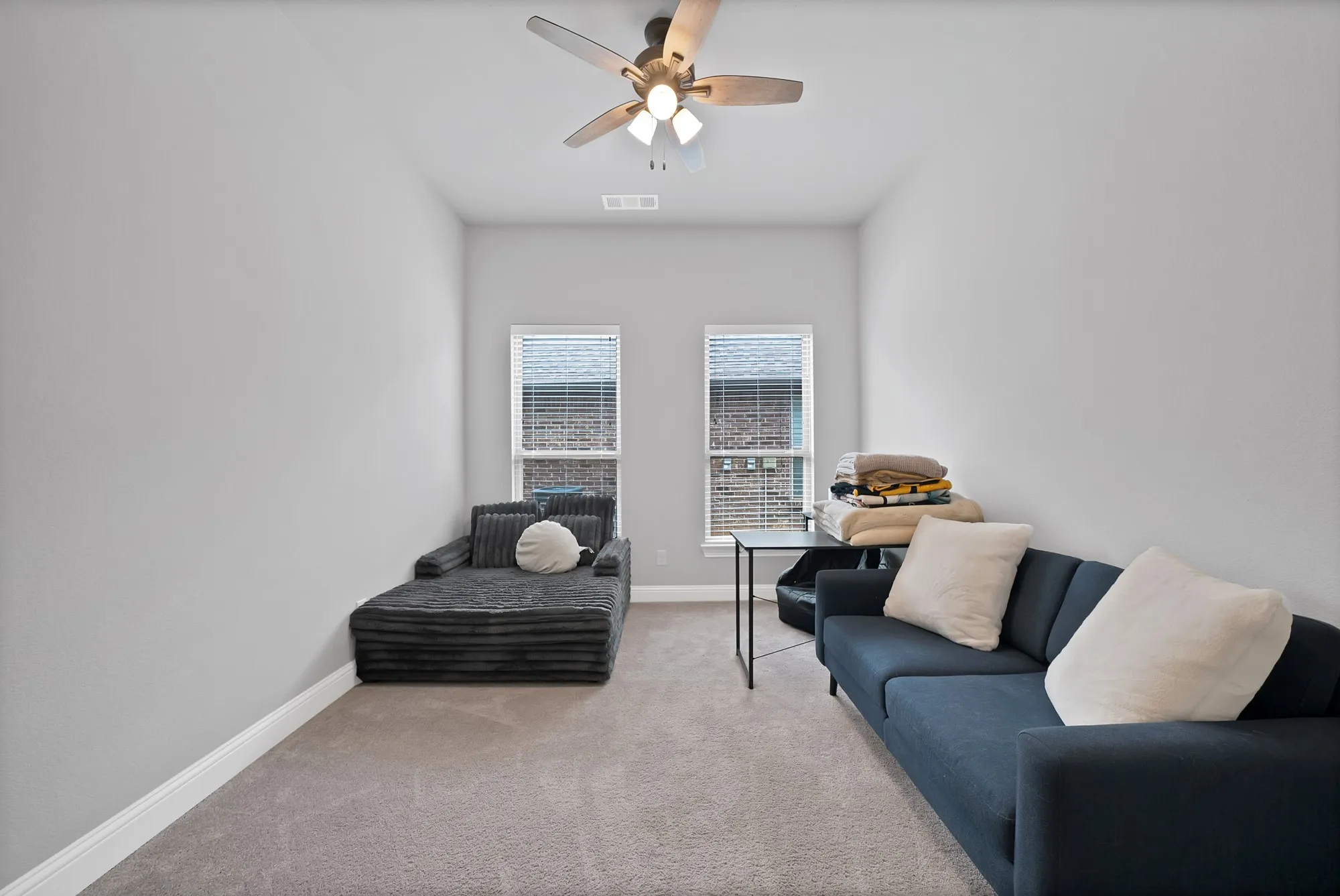 This versatile room features carpeted flooring, light grey walls, and two windows providing natural light