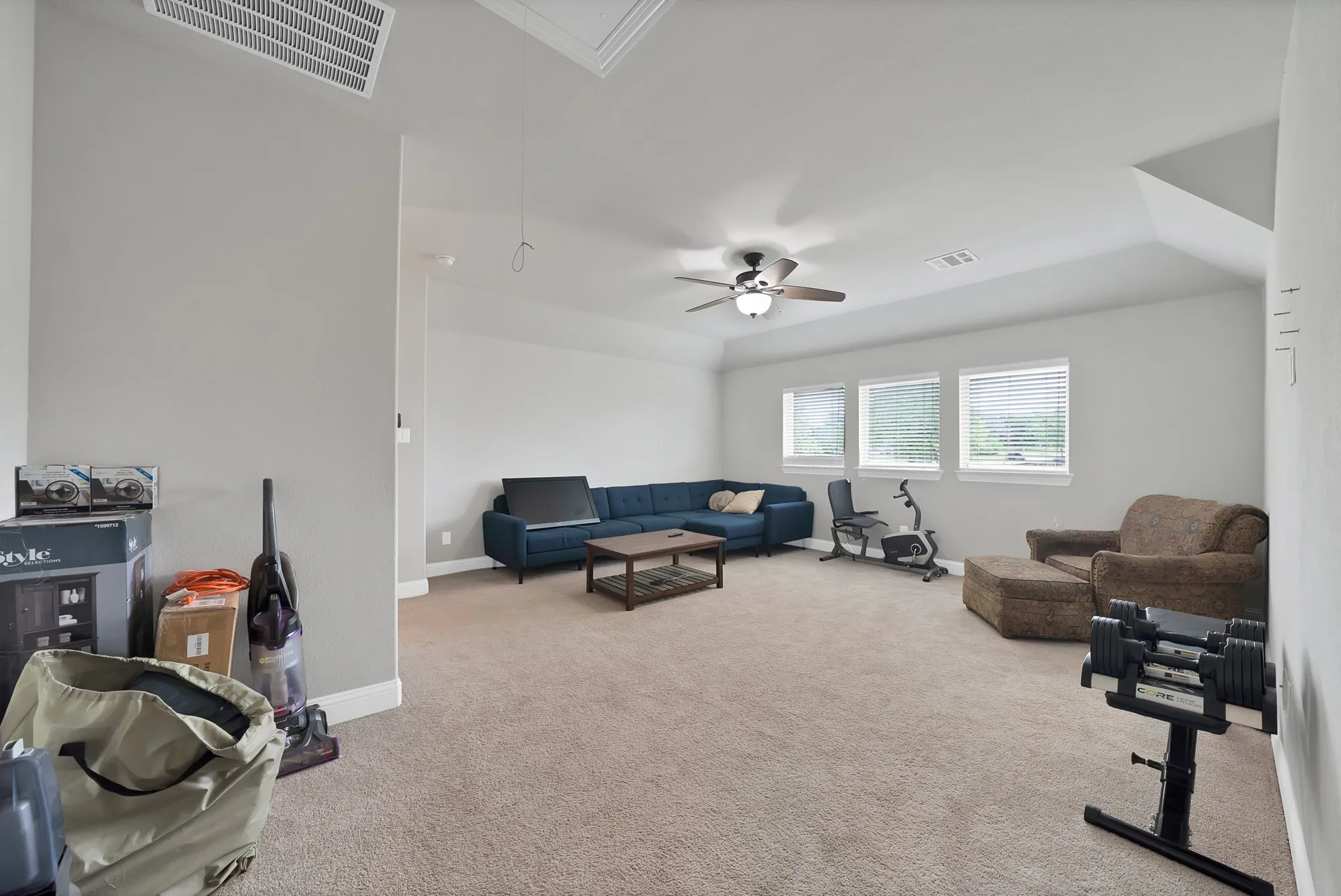 Spacious room featuring carpeted flooring, a ceiling fan with lighting, and multiple windows providing natural light