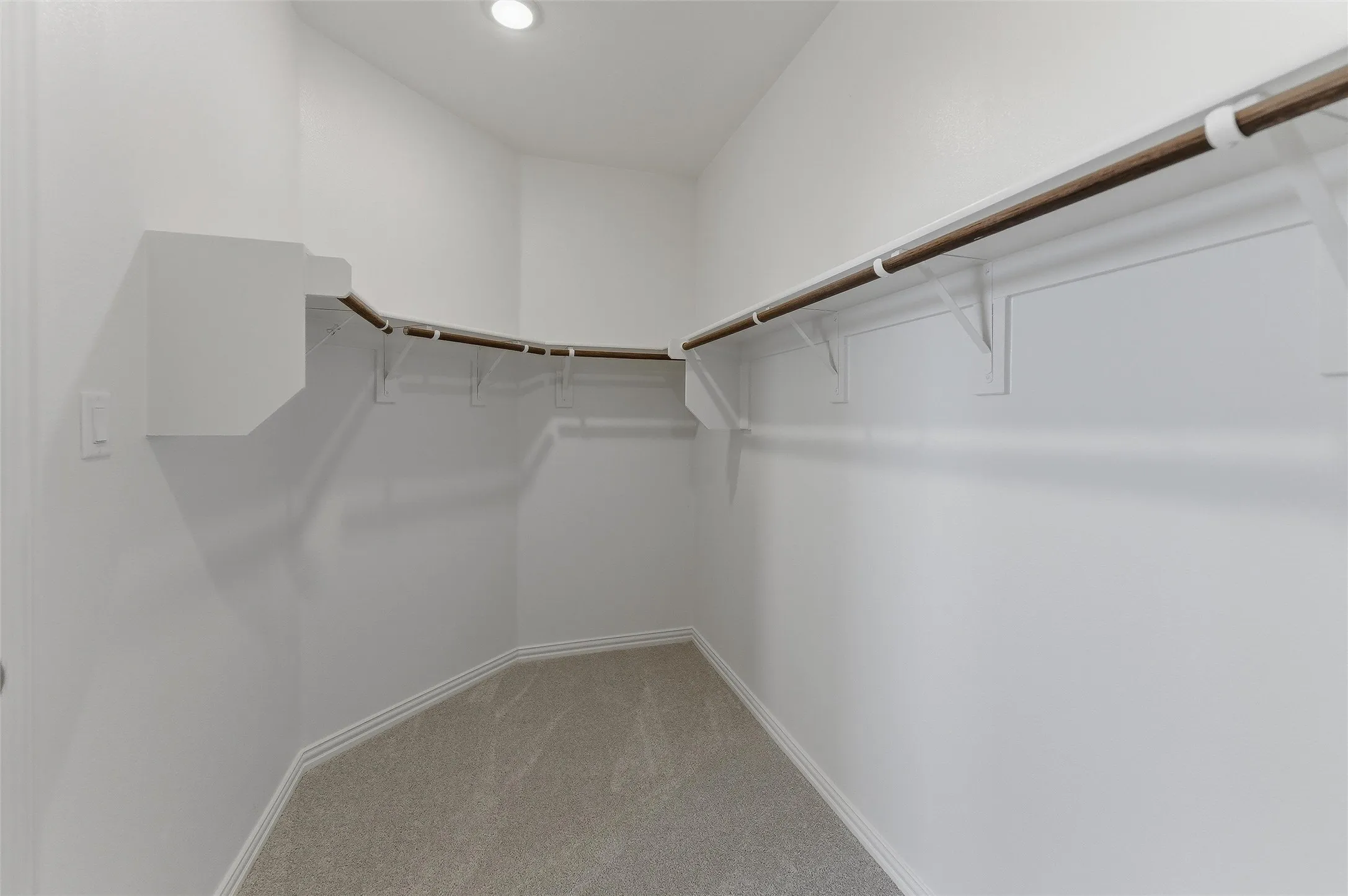 Walk-in closet featuring light gray carpeting, white walls, and a built-in wooden hanging rod with shelving