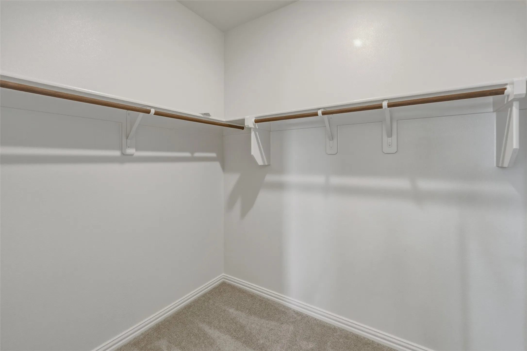 Walk-in closet with light-toned wall-to-wall carpeting and wood-finish hanging rods