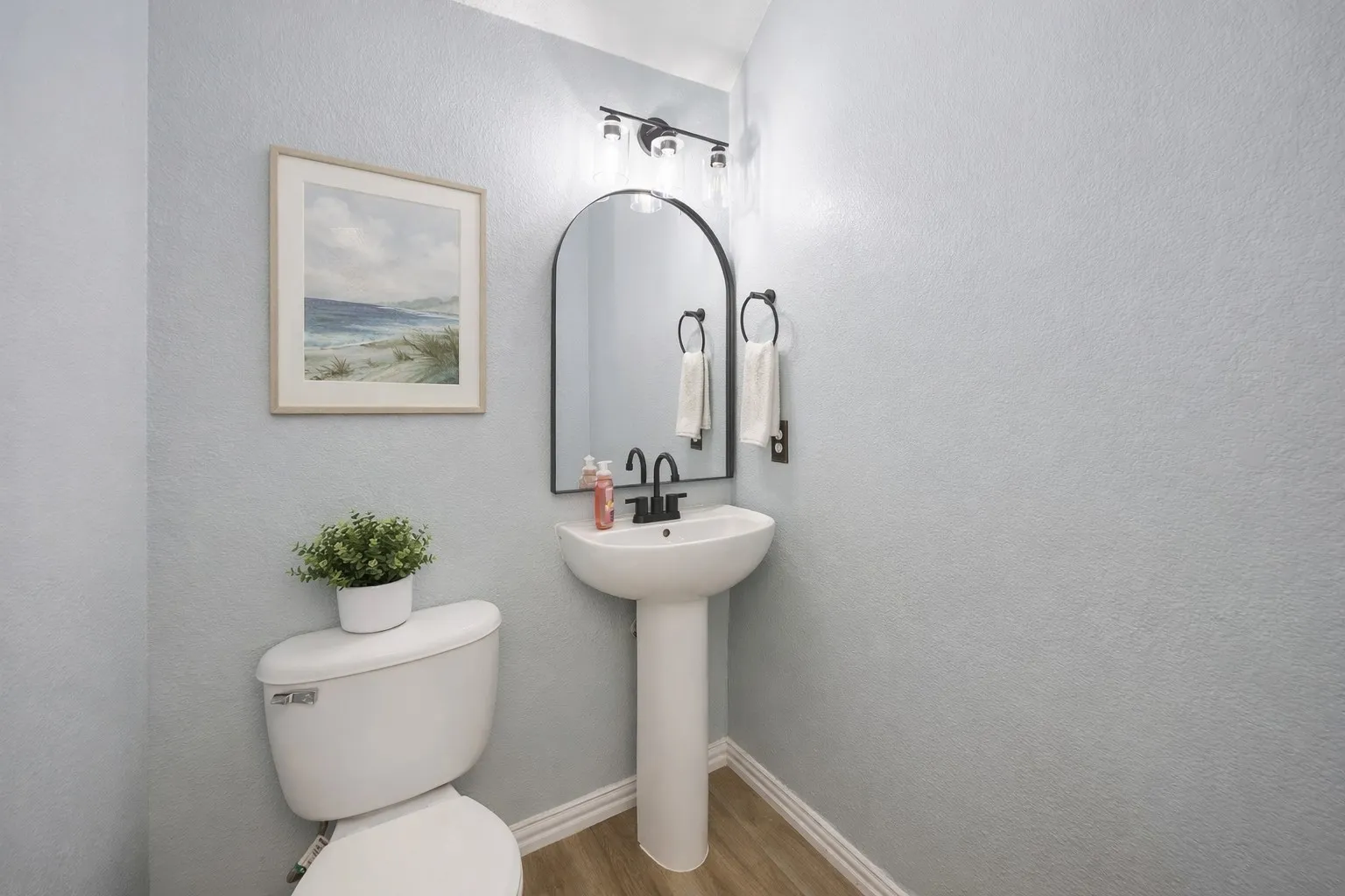 Bathroom featuring a white pedestal sink with a black faucet, an arched mirror, and light-colored flooring