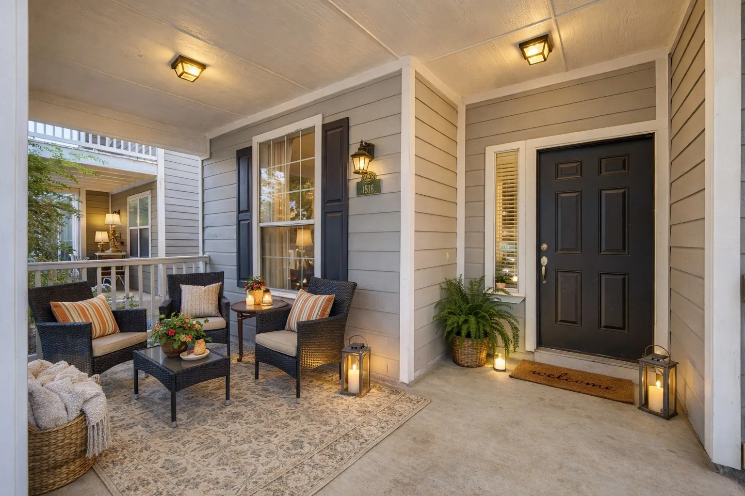 The property features an inviting covered porch with ample space for seating, showcasing light-colored siding and a dark front door with a sidelight