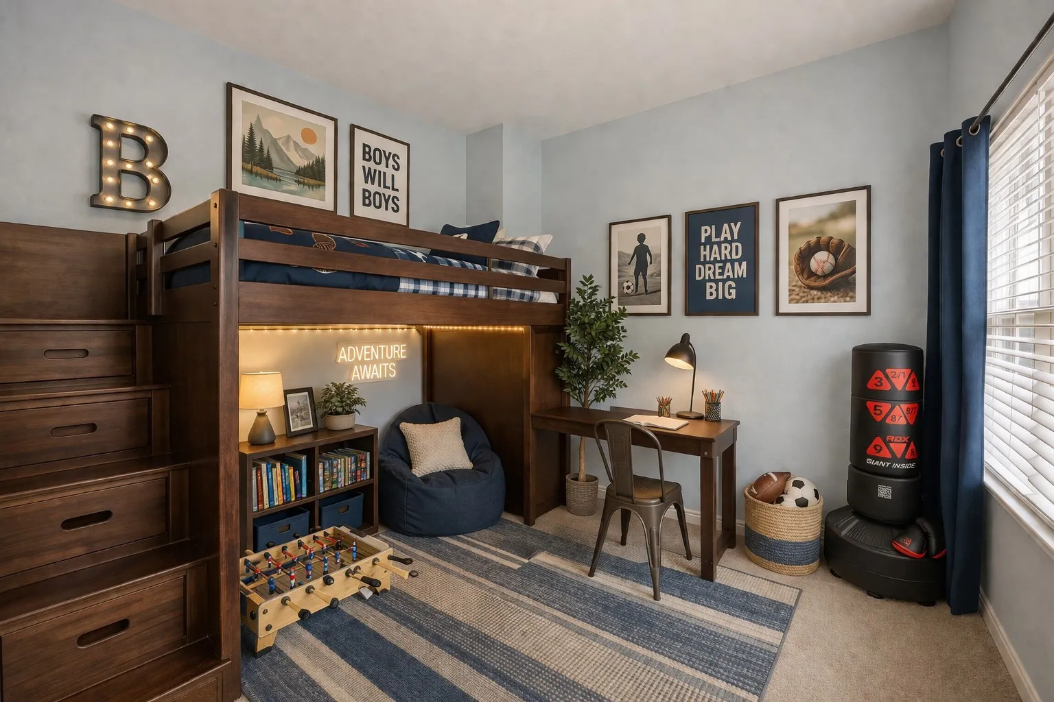 This room features light blue walls and a window with blinds and dark blue curtains