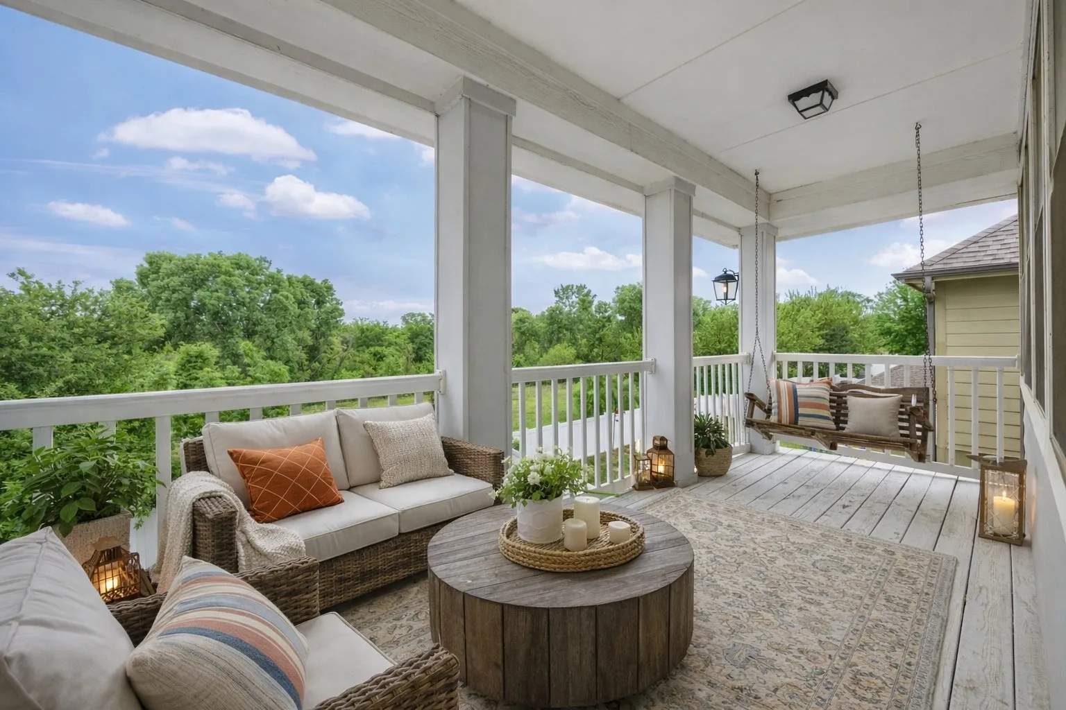 The property features an expansive covered porch with white railings, offering views of verdant trees under a bright sky