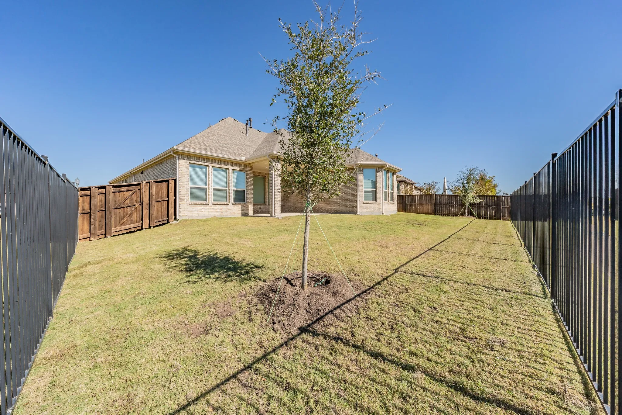 Back of house with a fenced backyard, brick siding, a patio area, and roof with shingles