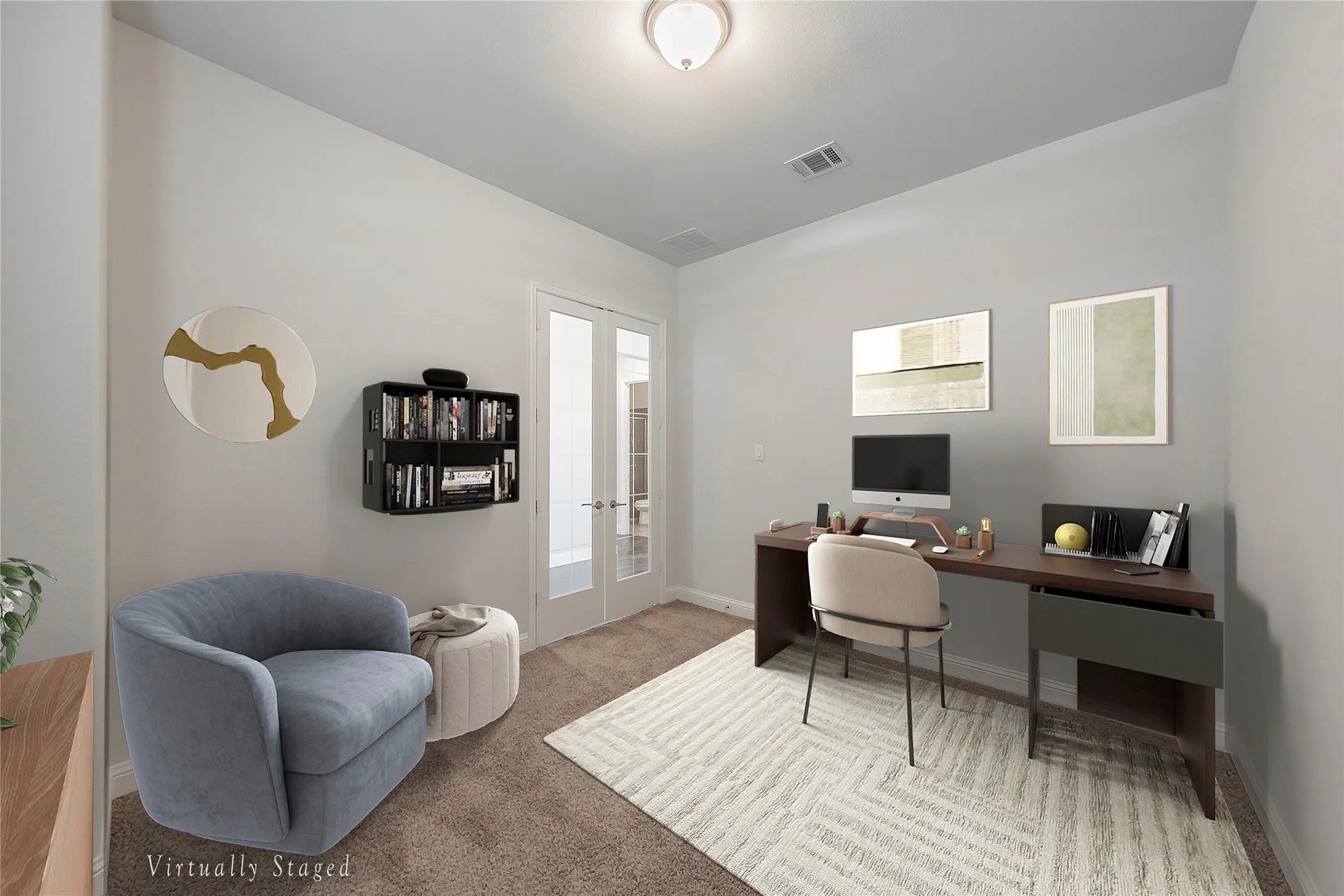 Virtually Staged -Office area featuring french doors and light colored carpet