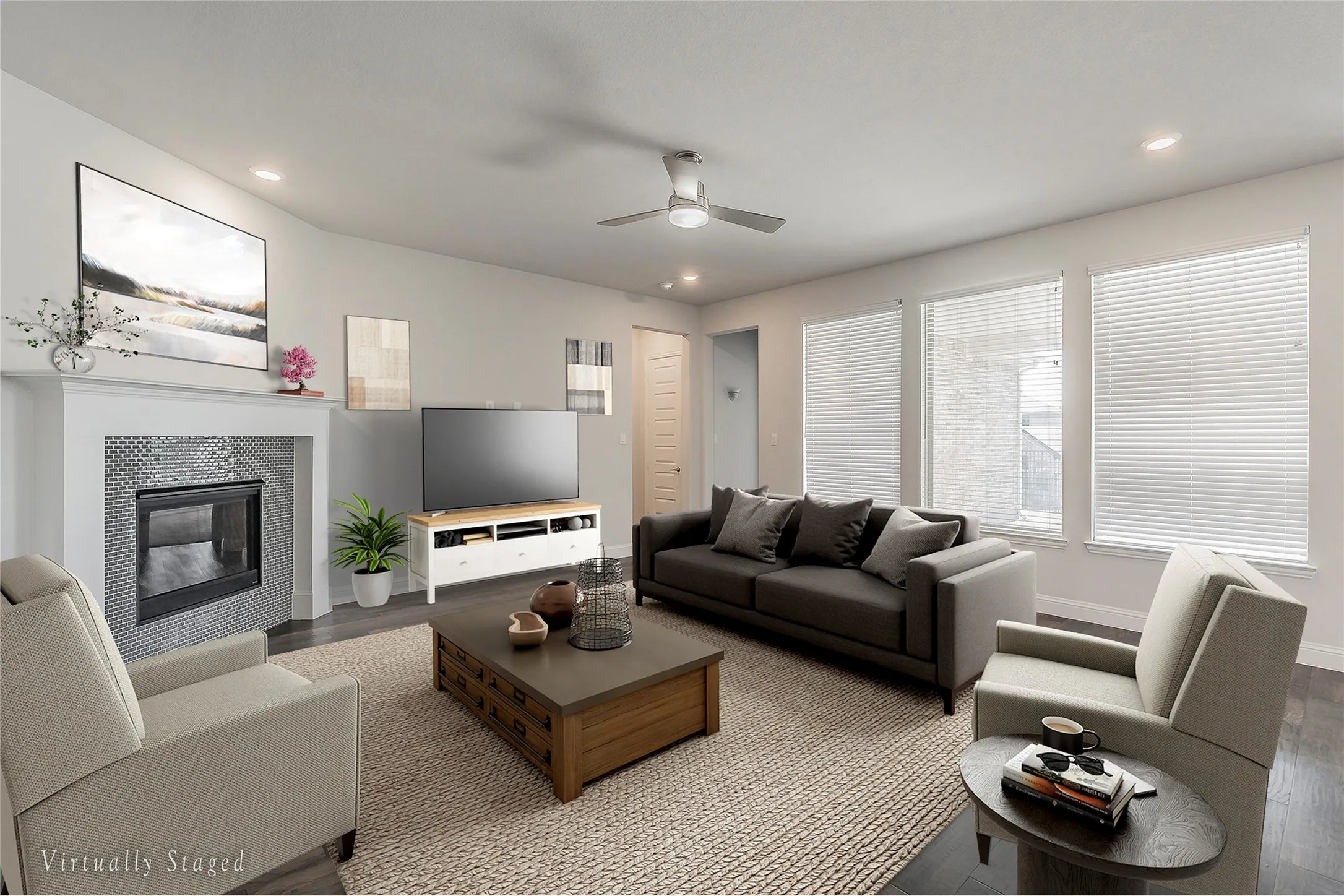 Virtually Staged -Living room with wood finished floors, a tile fireplace, recessed lighting, and a ceiling fan