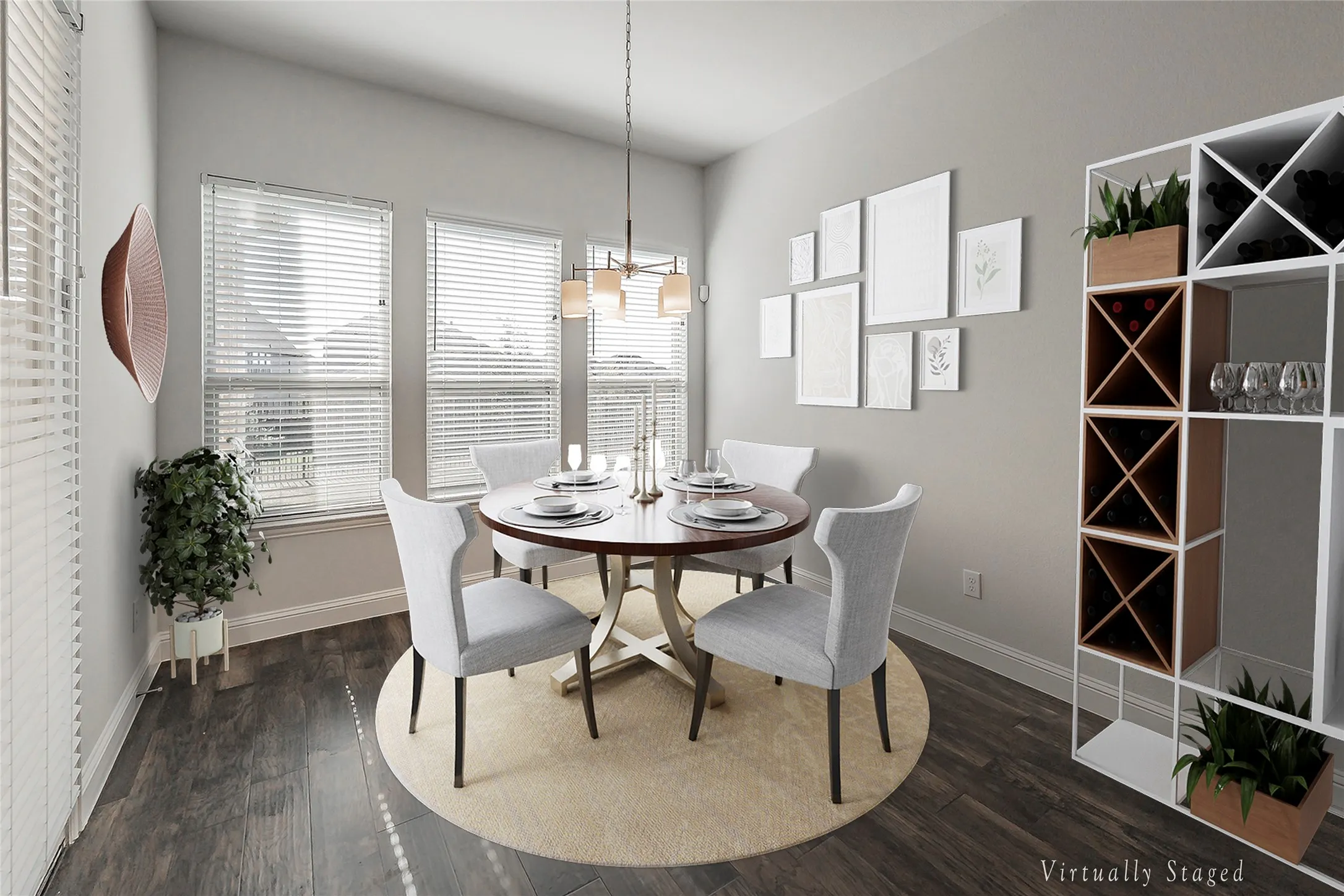 Virtually Staged -Dining area featuring dark wood finished floors and baseboards