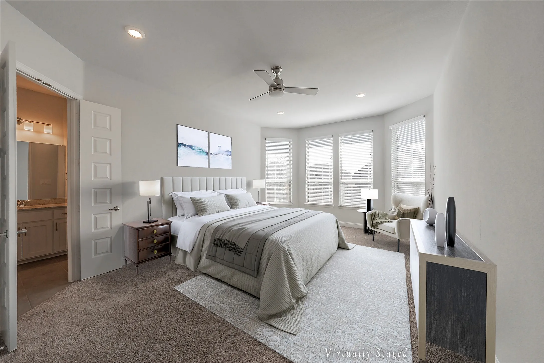 Virtually Staged -Bedroom with carpet, a ceiling fan, recessed lighting, and connected bathroom