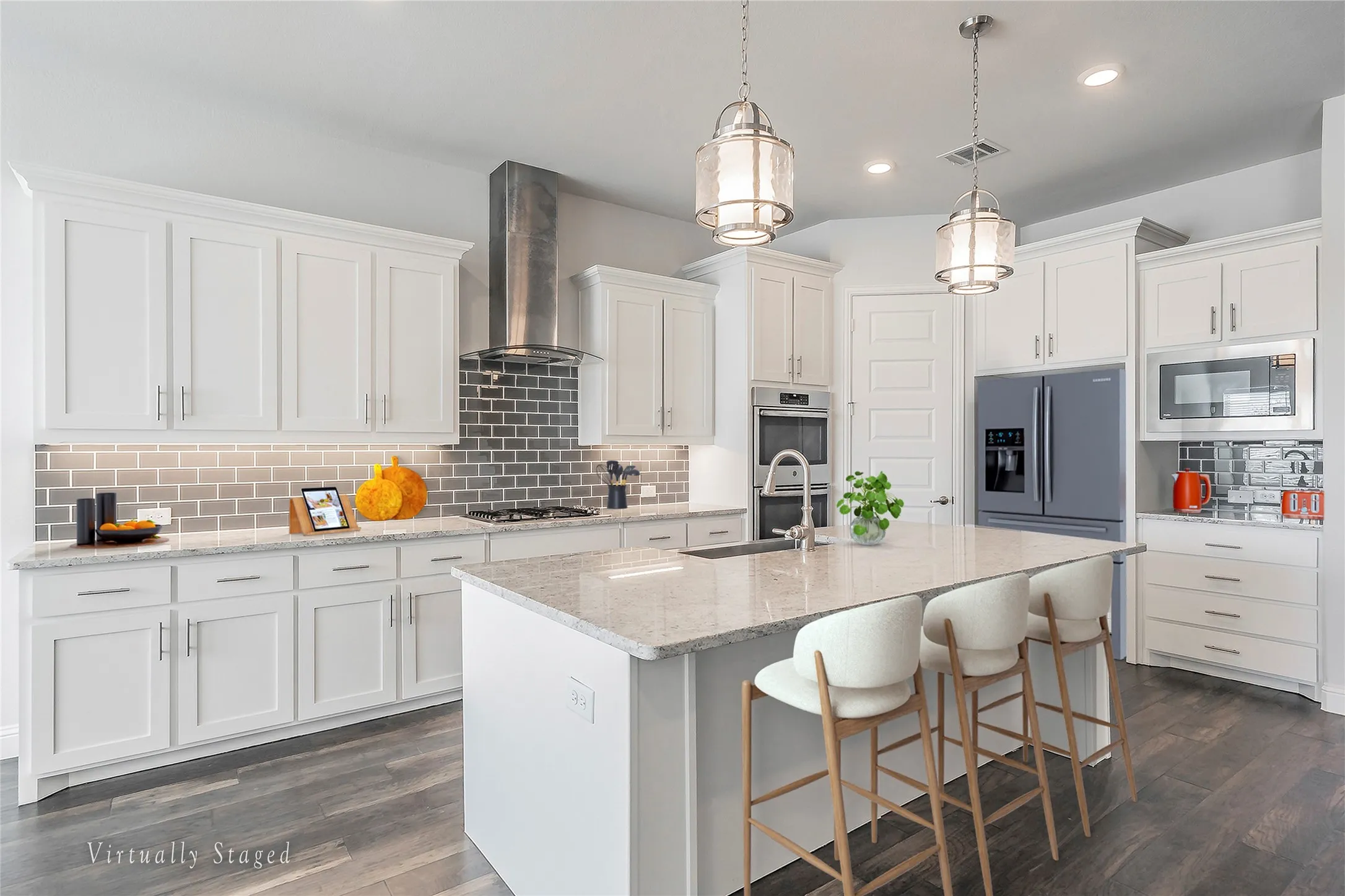 Virtually Staged -Kitchen featuring a breakfast bar area, light stone counters, hanging light fixtures, dark wood-style floors, and recessed lighting