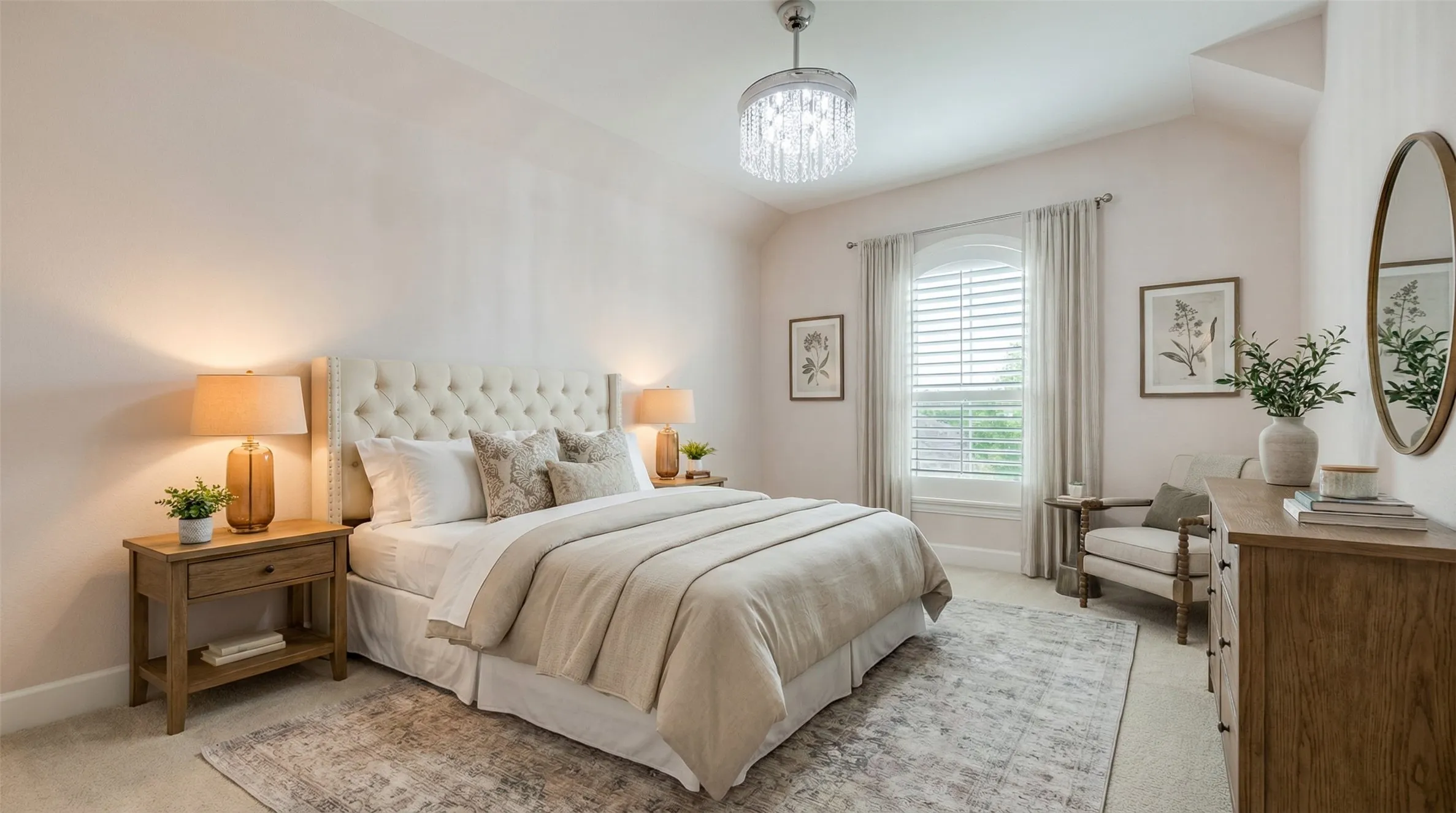 This inviting space features a tufted headboard, a window with plantation shutters and drapes, a decorative ceiling light fixture, and carpeting