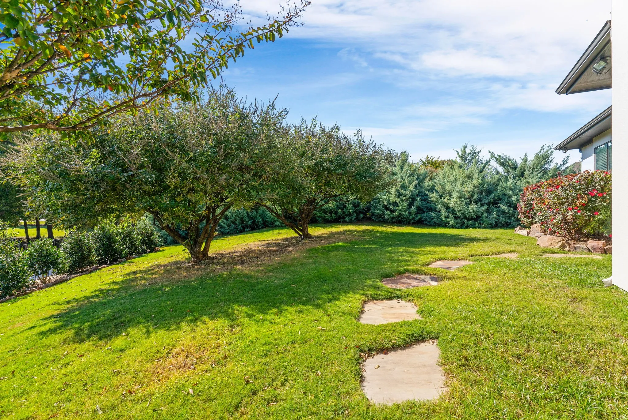 One of two grassy areas for kids & pets to play. This photo also shows some of the native Texas trees, hedges, flowers that offer privacy & color all year long.