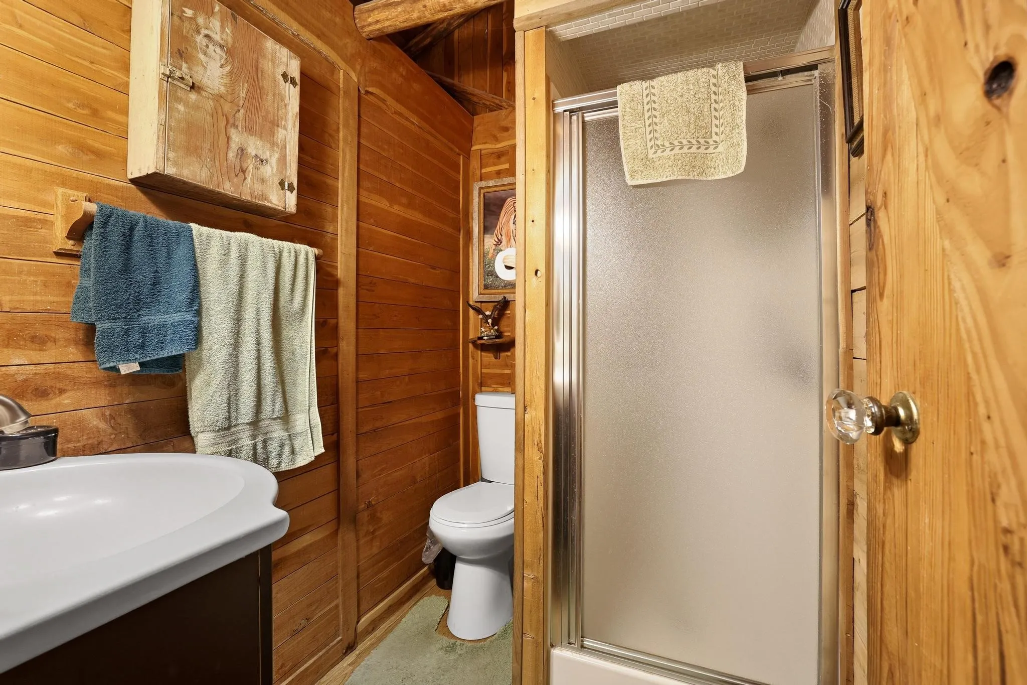 Bathroom featuring wood paneling on the walls, a white sink with a dark vanity, and a shower with a frosted glass door