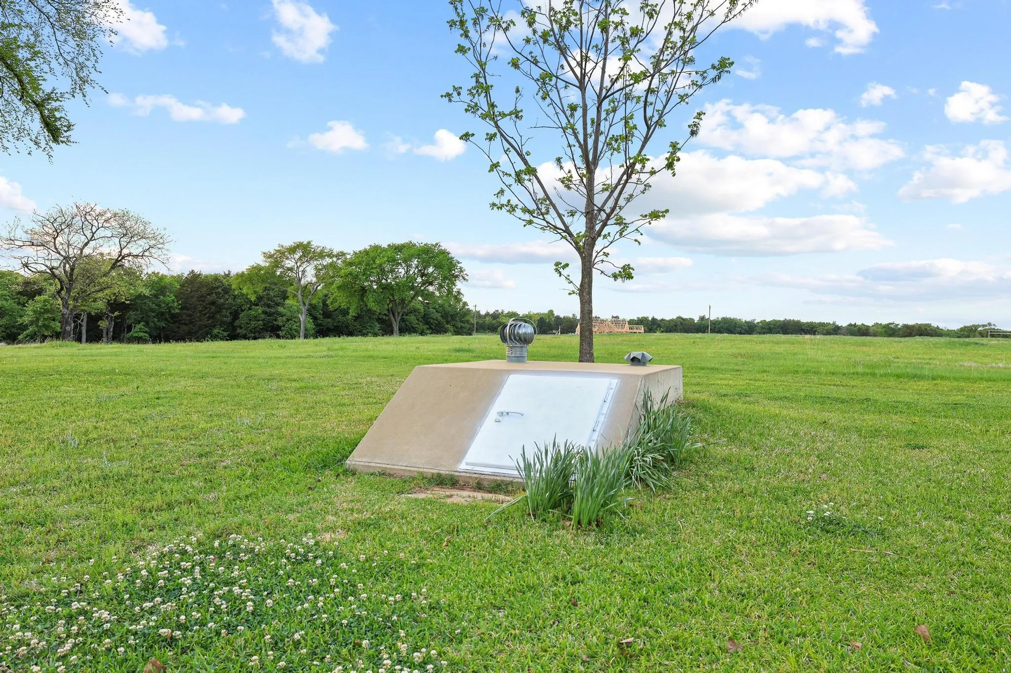 The property features an extensive green lawn with a tree and a visible concrete structure