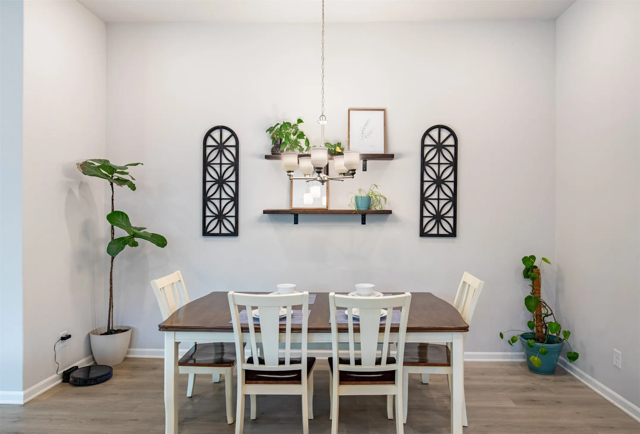 Dining room with chandelier.
