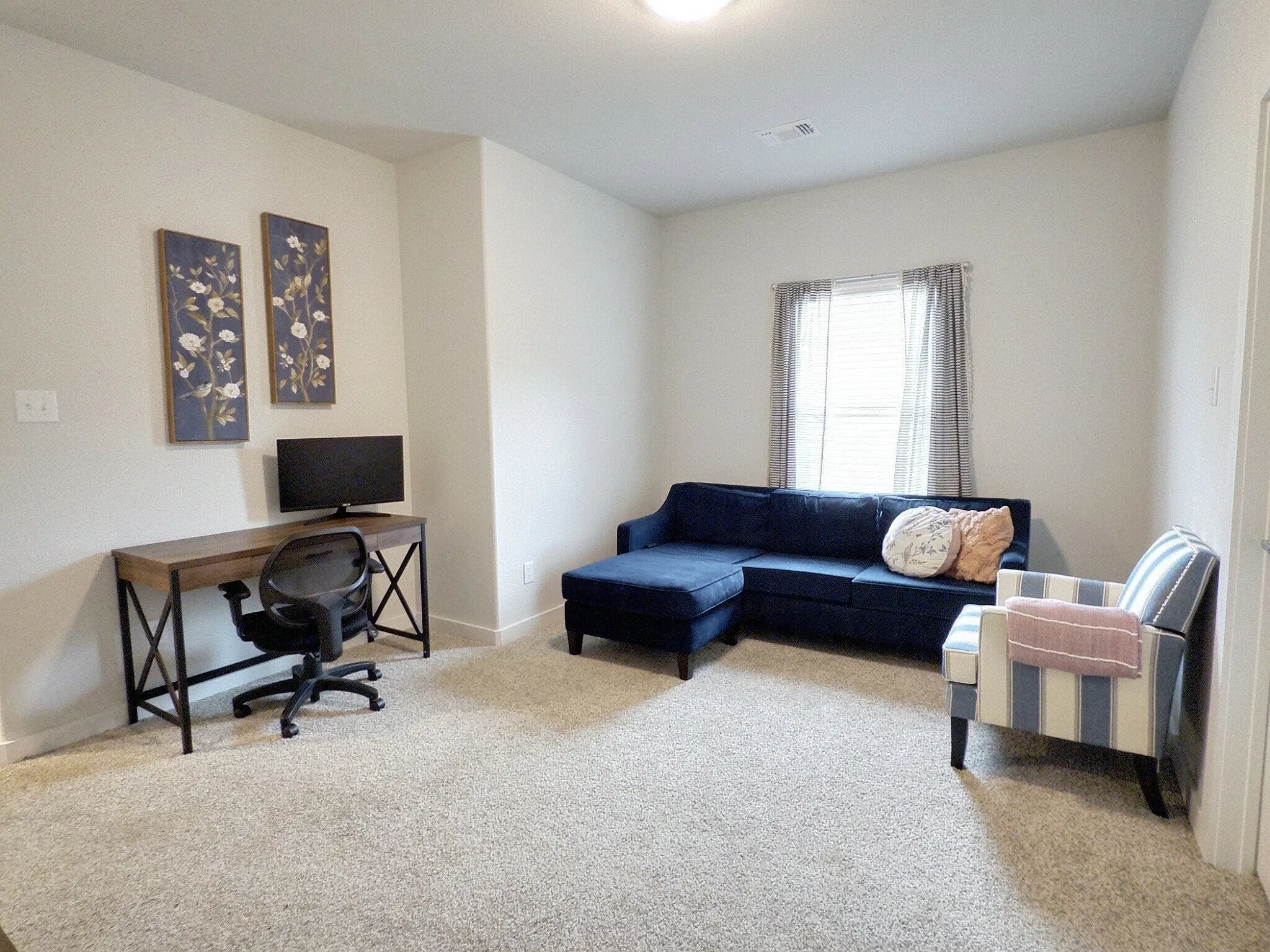This room features light-colored carpeting, white walls, and a window with blinds and sheer curtains