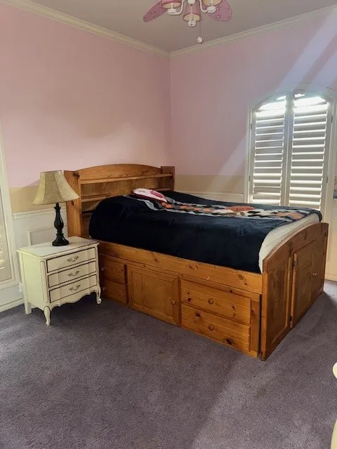 Bedroom featuring ornamental molding, ceiling fan, and dark colored carpet